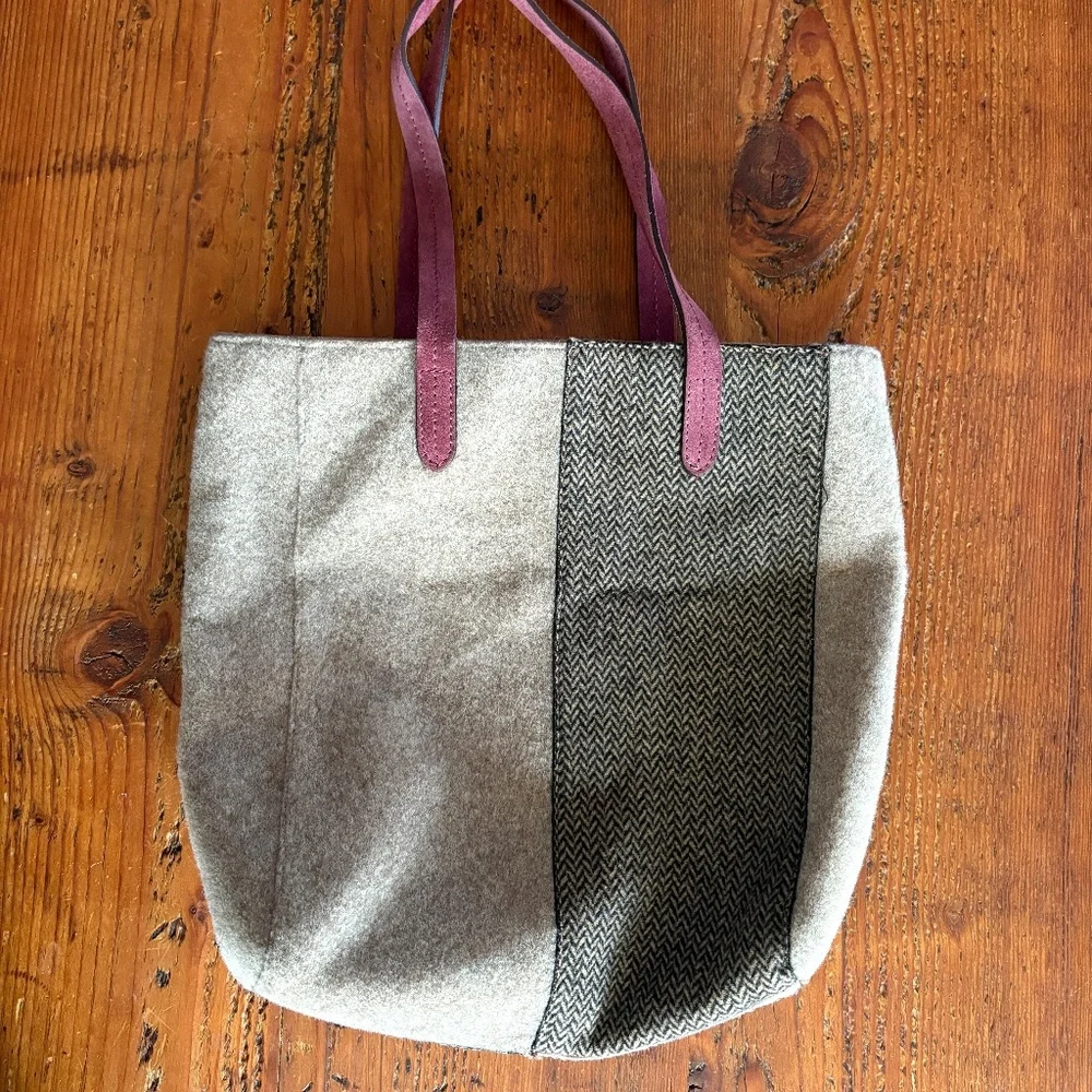 Frau Wool and Suede Tote Bag , Tan and Black Herringbone, Wine/Purple Italy